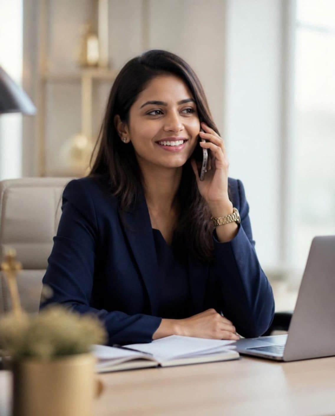 An education advisor smiling while speaking with a learner on the phone