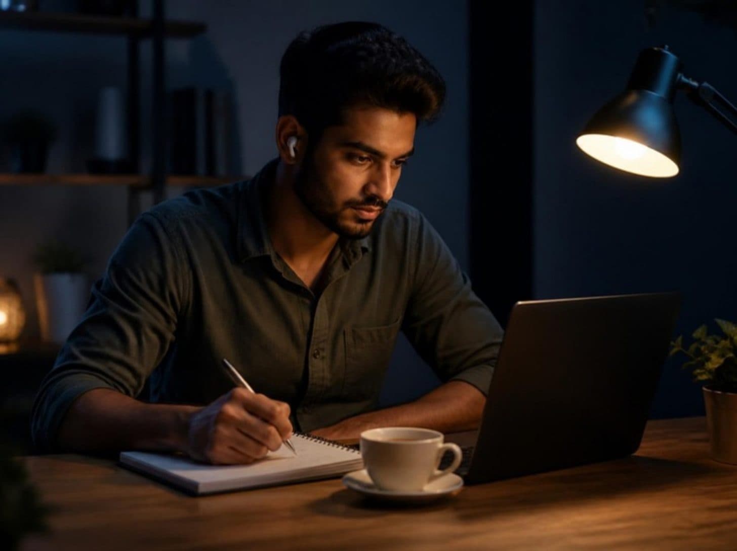 A learner studying online at home in the evening, taking notes beside a laptop