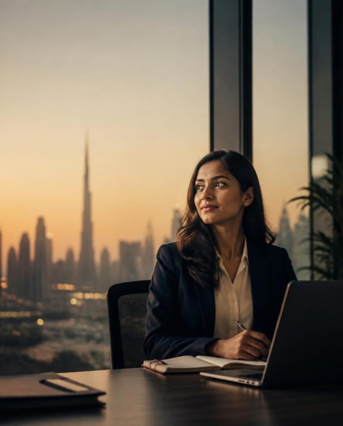 A professional reviewing her study notes at a laptop, with a Gulf city skyline at dusk behind her
