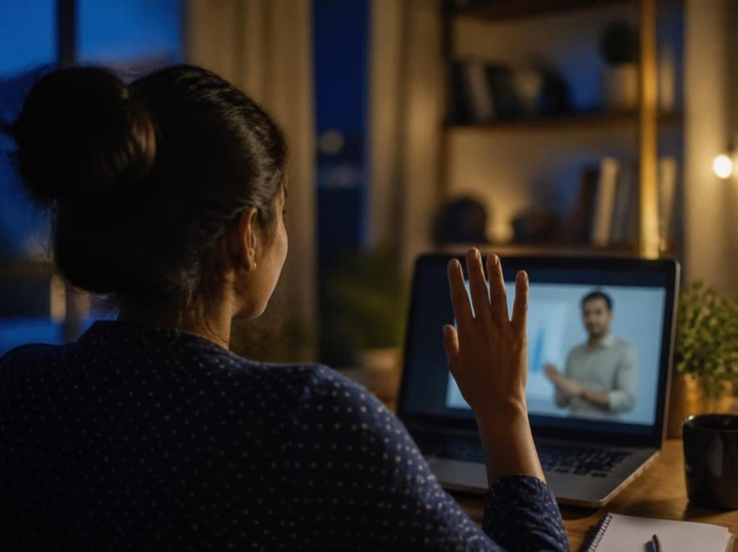 A learner raising her hand to ask a question during a live online class